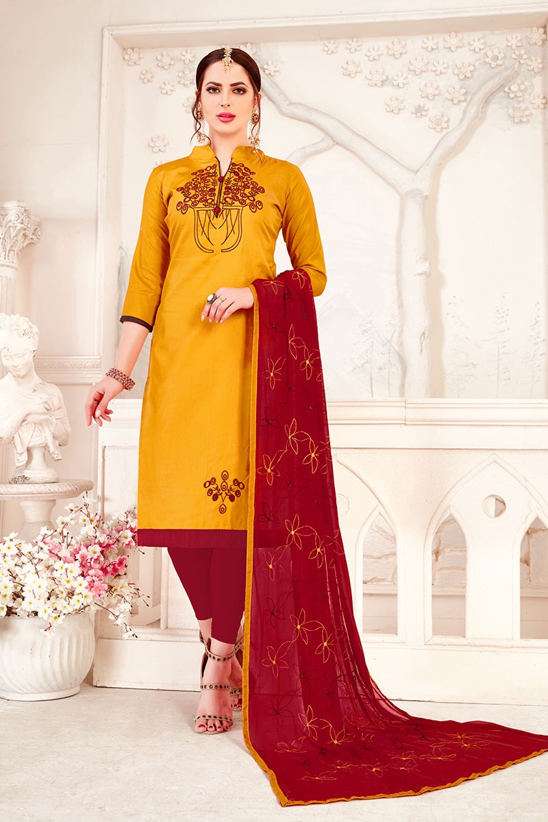 Musturd Yellow Glass Cotton Churidar Suit - CS4266