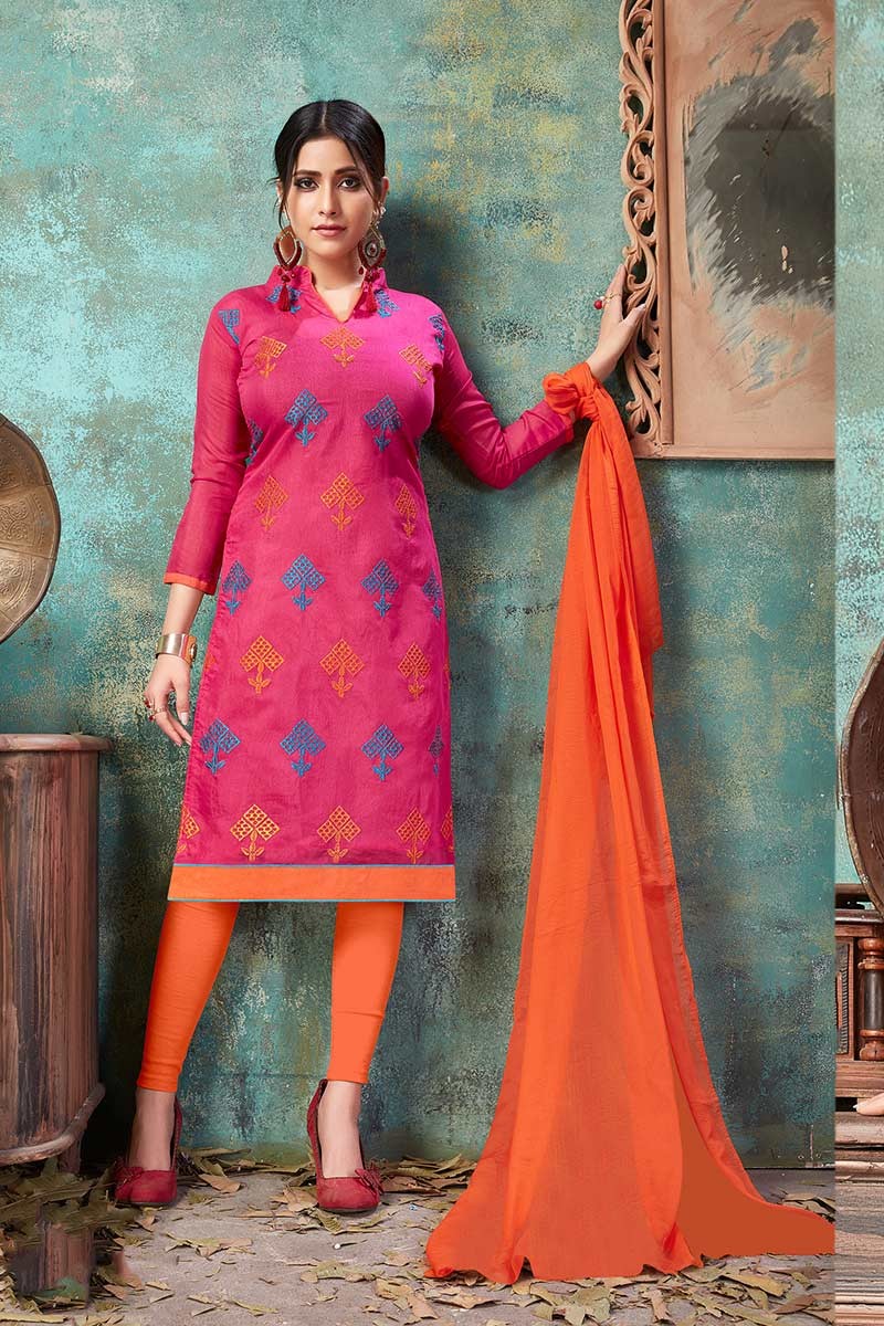 Chanderi Cotton Printed Pink Color Suit at best price in Surat
