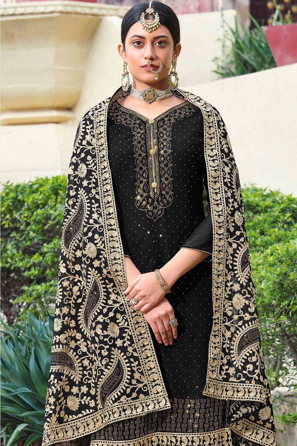 Buy Navy Blue Embroidered Palazzo Suit Set in UK - Style ID: DPC-7572 - Diya