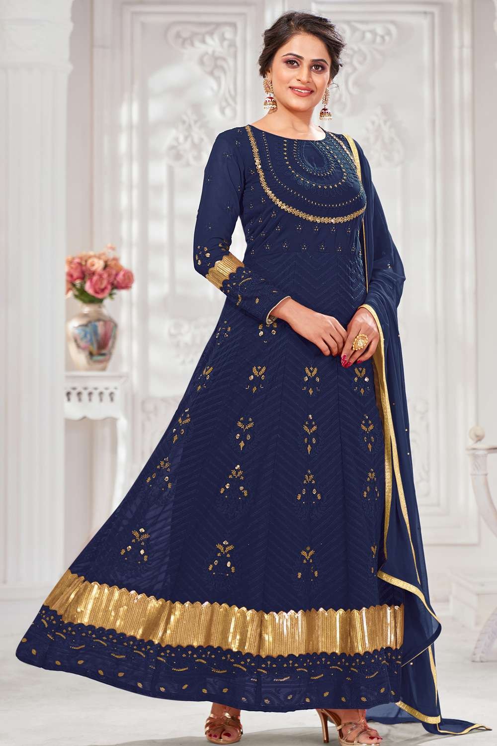 Royal Blue Stunning Anarkali Gown with Heavy Fox Georgette Flair – Organza  Mall