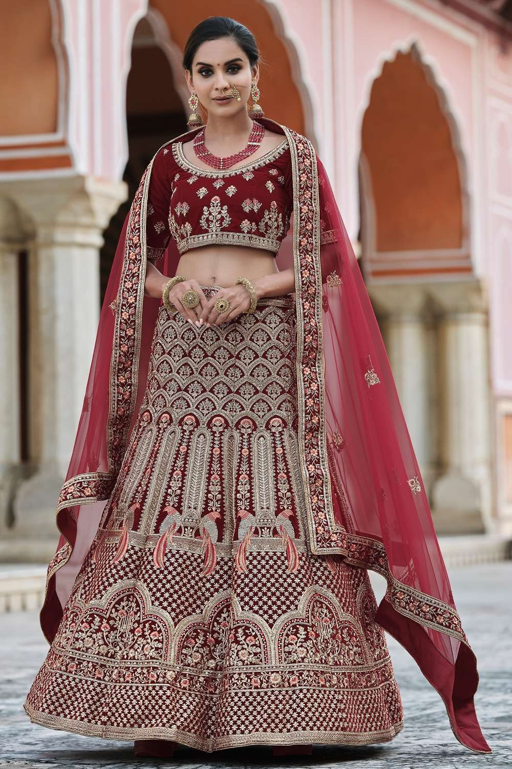 Maroon Velvet Heavy Embroidery With Hand Work Wedding Lehenga Choli with  Soft Net Dupatta - LC4343