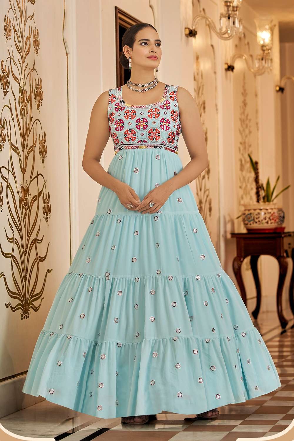 Sky blue Gown Diwali Dress with Embroidered Georgette - GWU0374