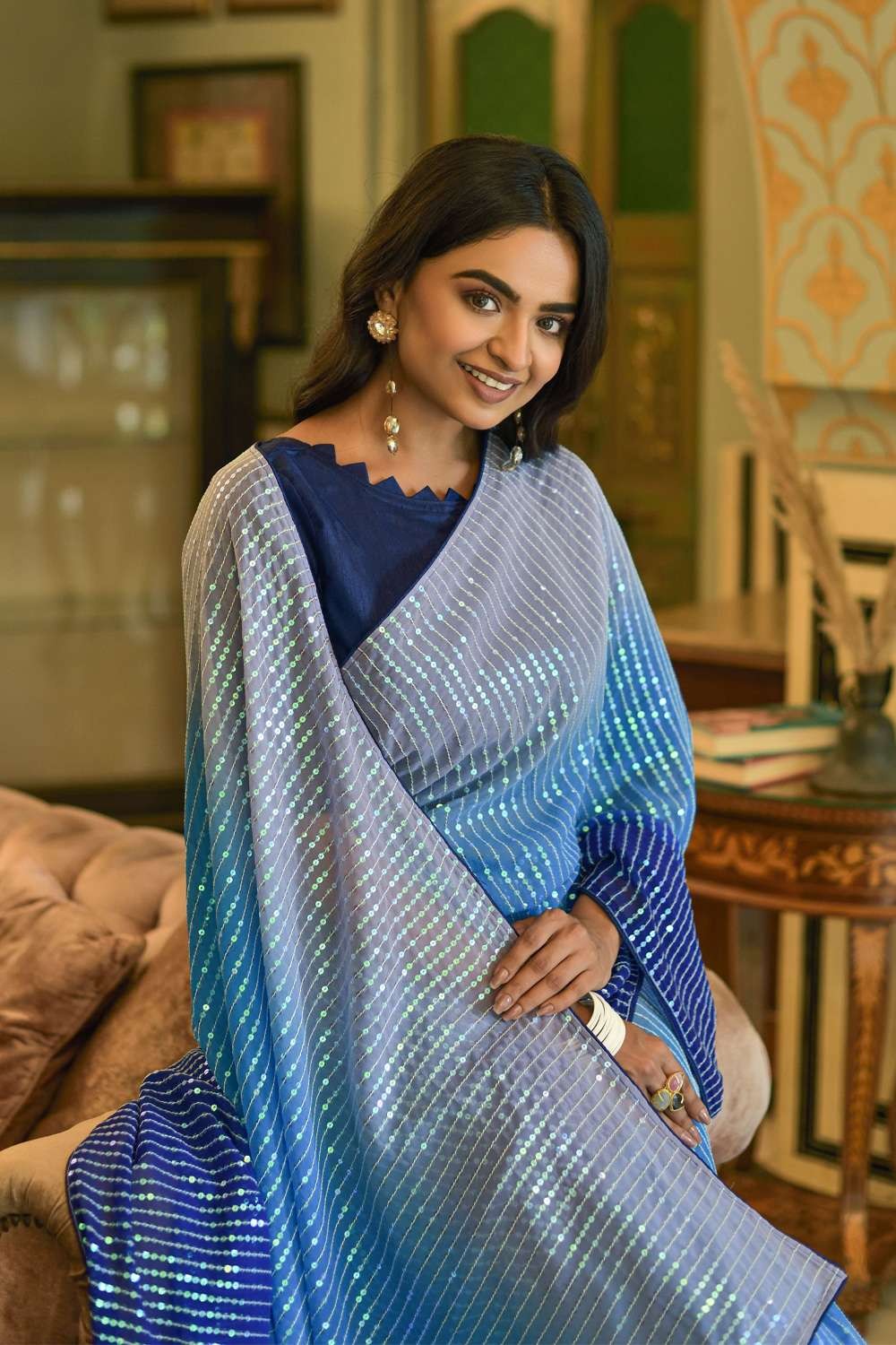 Girnari Fashion Embroidered Coimbatore Georgette Saree (Blue)
