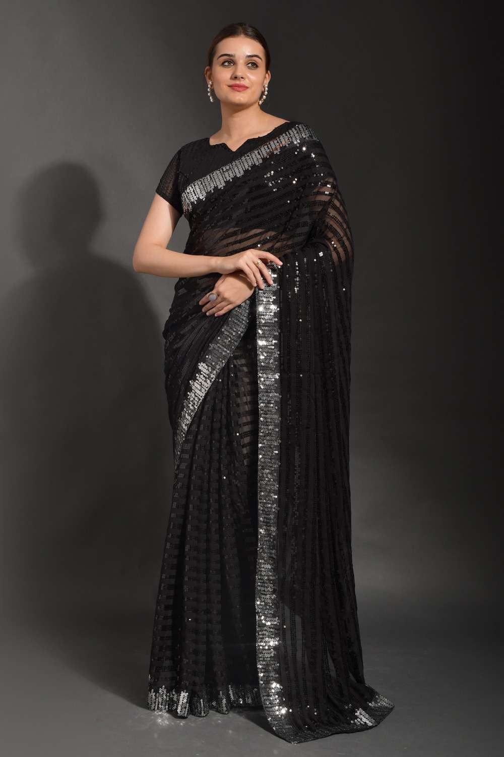 Black Georgette Partywear Saree – Laksharaa Sarees