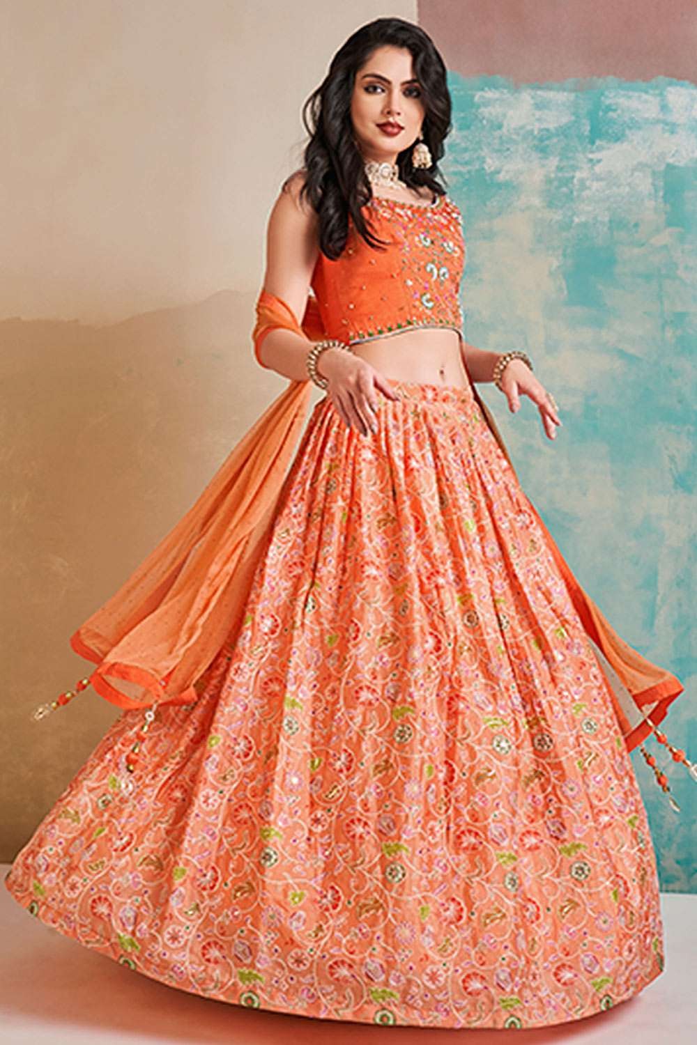 Expensive | $64 - $129 - Orange Tissue Lehenga Choli and Orange Tissue Chaniya  Choli Online Shopping