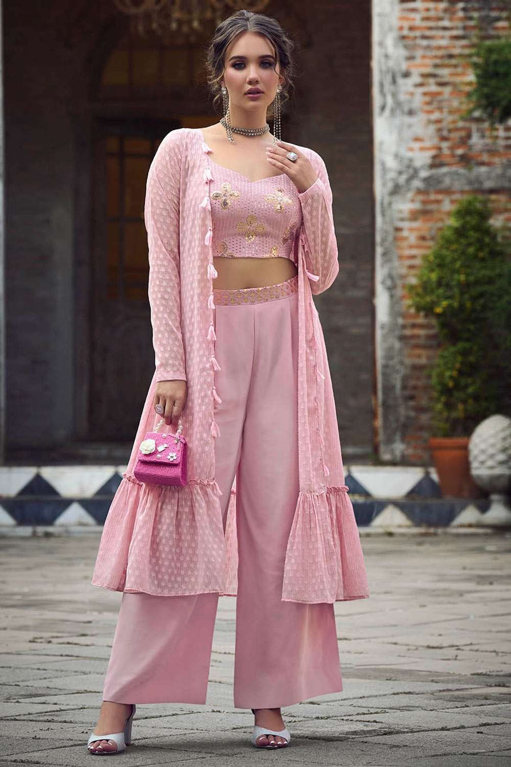Georgette Pink Foil Print Kurta Palazzo Set | Pink foil print, Kurti with  palazzo, Long sleeve dress