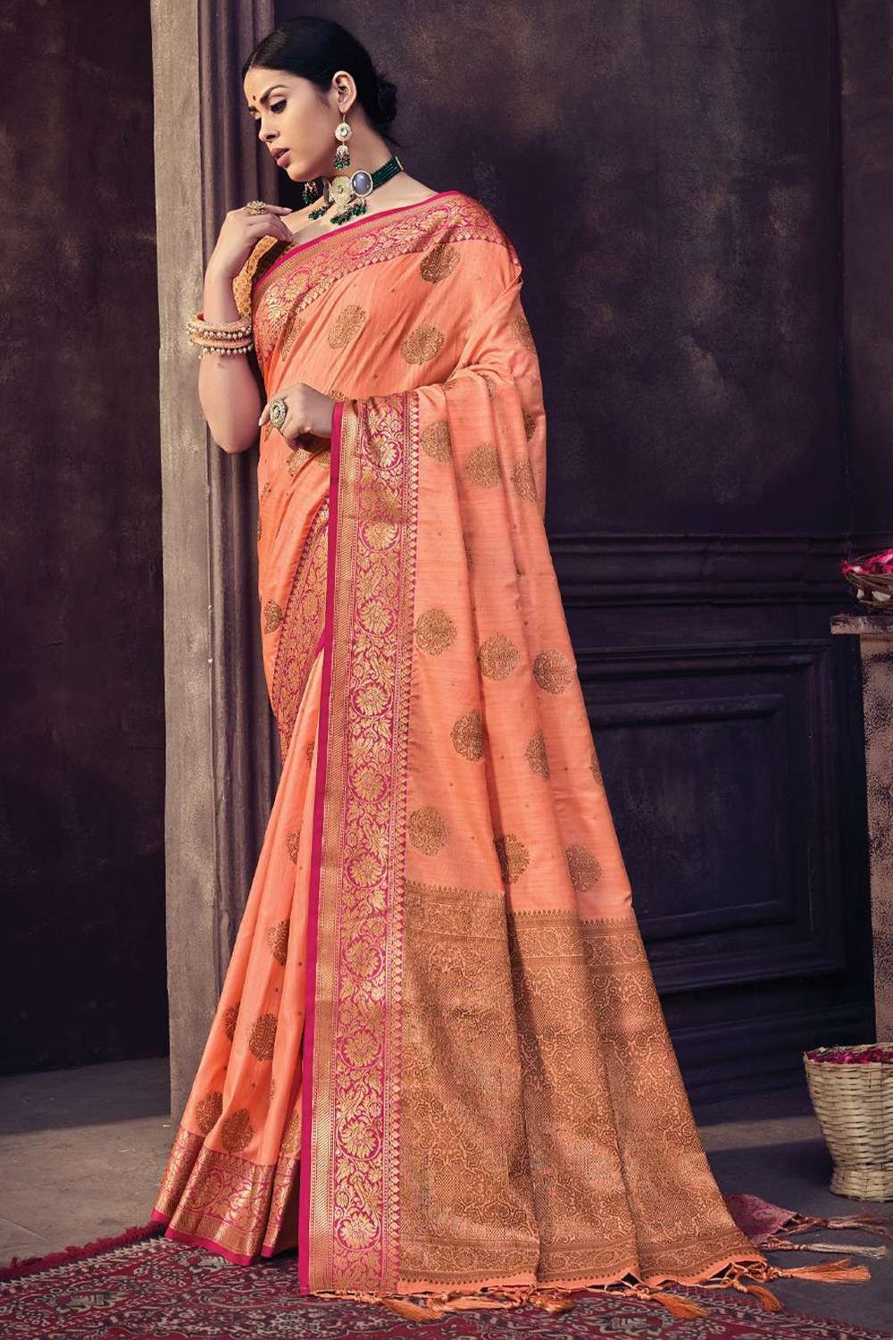 Peach Katan silk Banarasi saree with floral jaal – Weaver Street