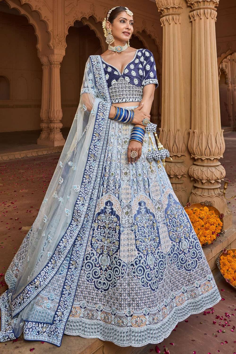 Buy Off-White & Navy Blue Patola Print Silk Lehenga Choli With Dupatta  Online At Zeel Clothing