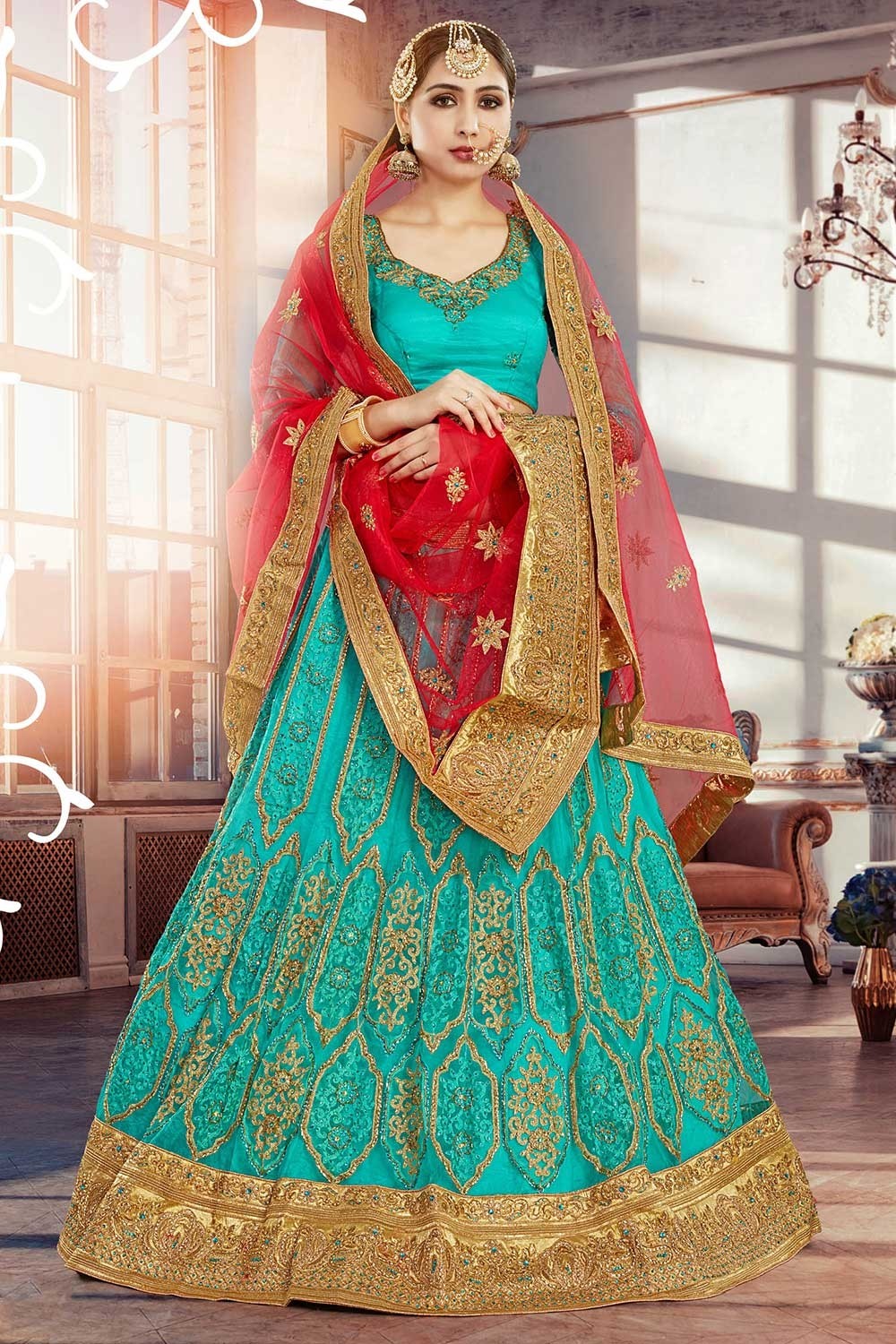 Photo of Bride twirling in red and green light lehenga
