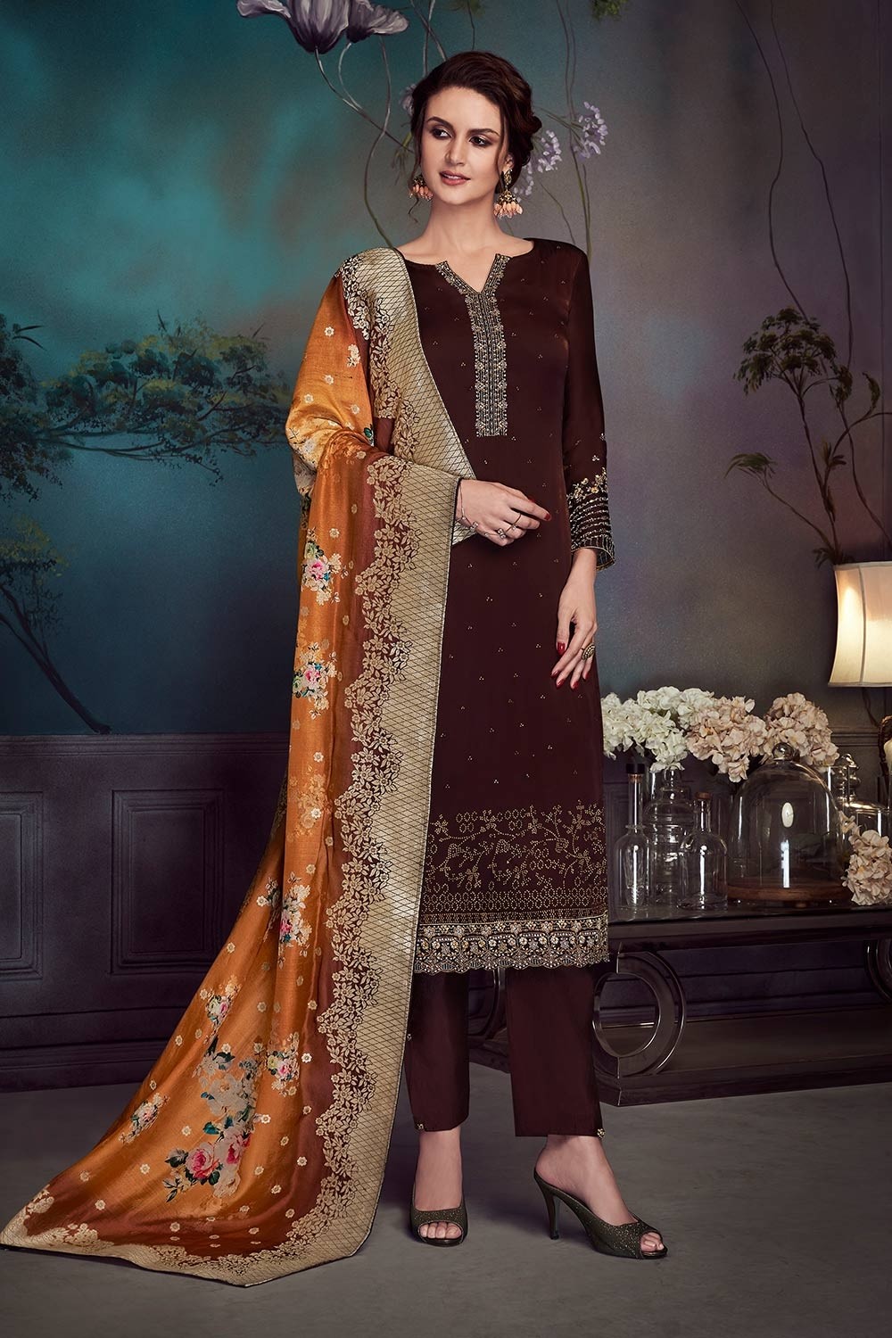 Copper Colour Heavy Embroidered Salwar Suits with Embroidered Contrast  Dupatta - Shahi Fits