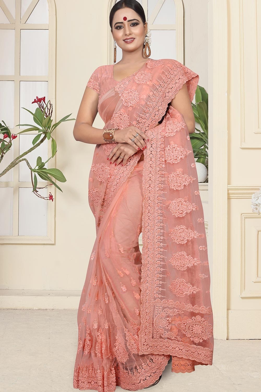 Shop the Hottest Peach Saree with Contrast Blouse Online Now