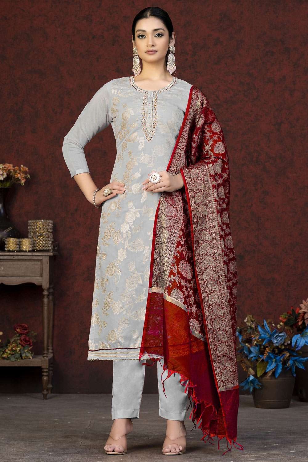 Buy Indian Straight Punjabi Salwar Kameez Suit Dupatta Grey Brocade Silk  Ethnic Party Wear Custom Stitched Made to Measure Dress Women Girls Online  in India - Etsy