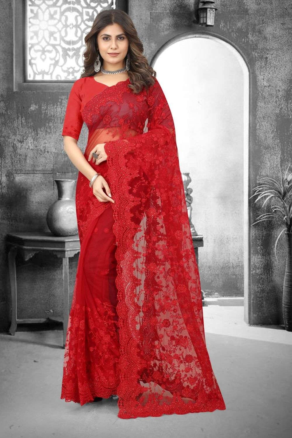 Net Embroidered Red Wedding Saree with Blouse - SR25122