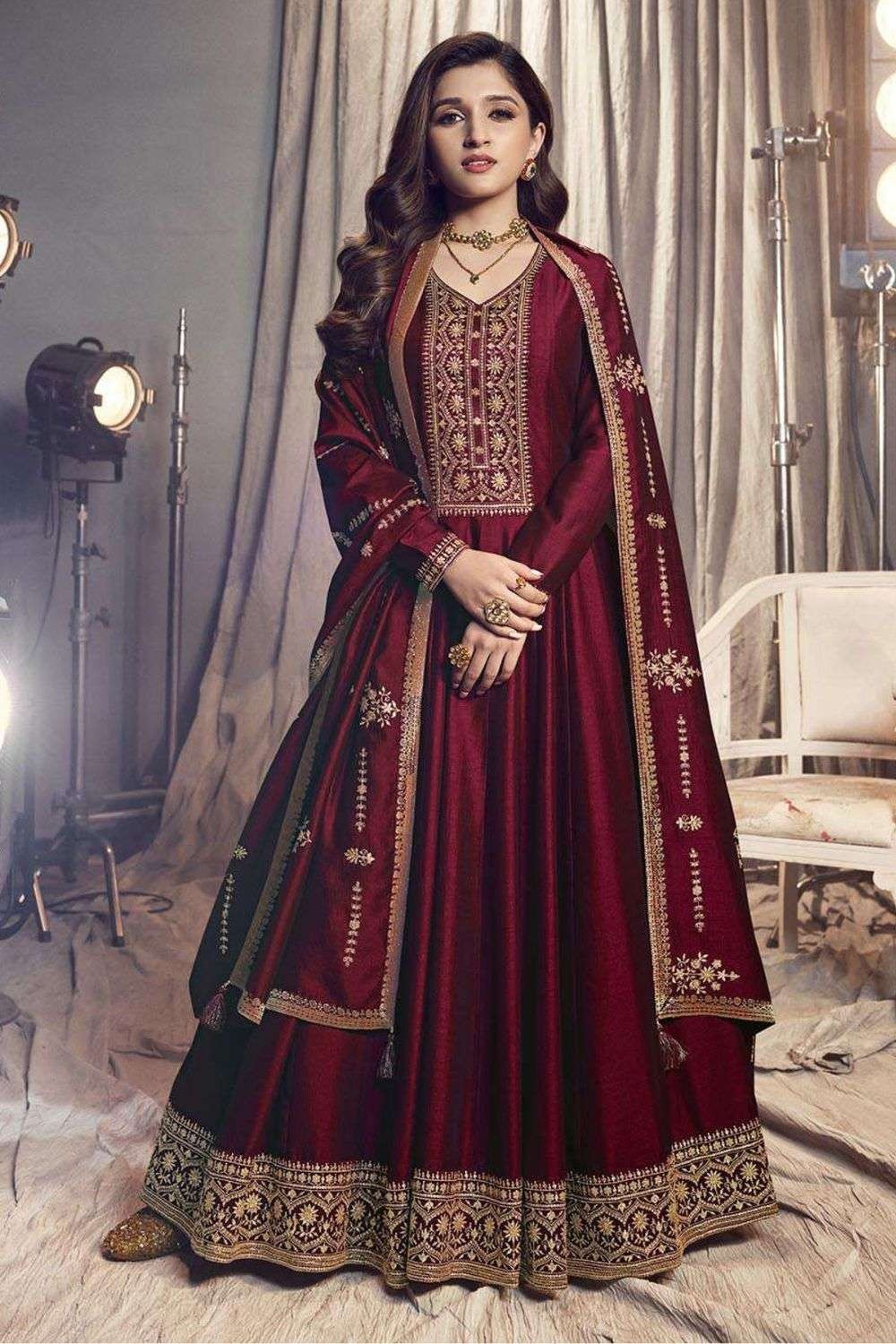 Embroidered Chinon Crepe Anarkali Suit in Maroon : KJN4289
