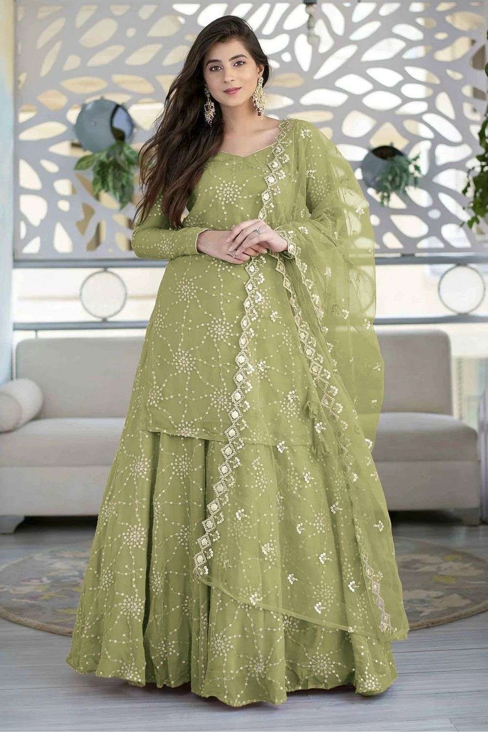 prt12142 1 parrot green lehenga suit with embroidered georgette ls058