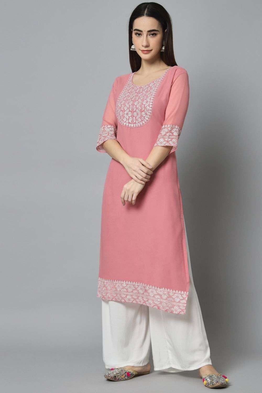 Straight 3/4th Sleeve Rayon Kurti And Palazzo With Embroidery Work