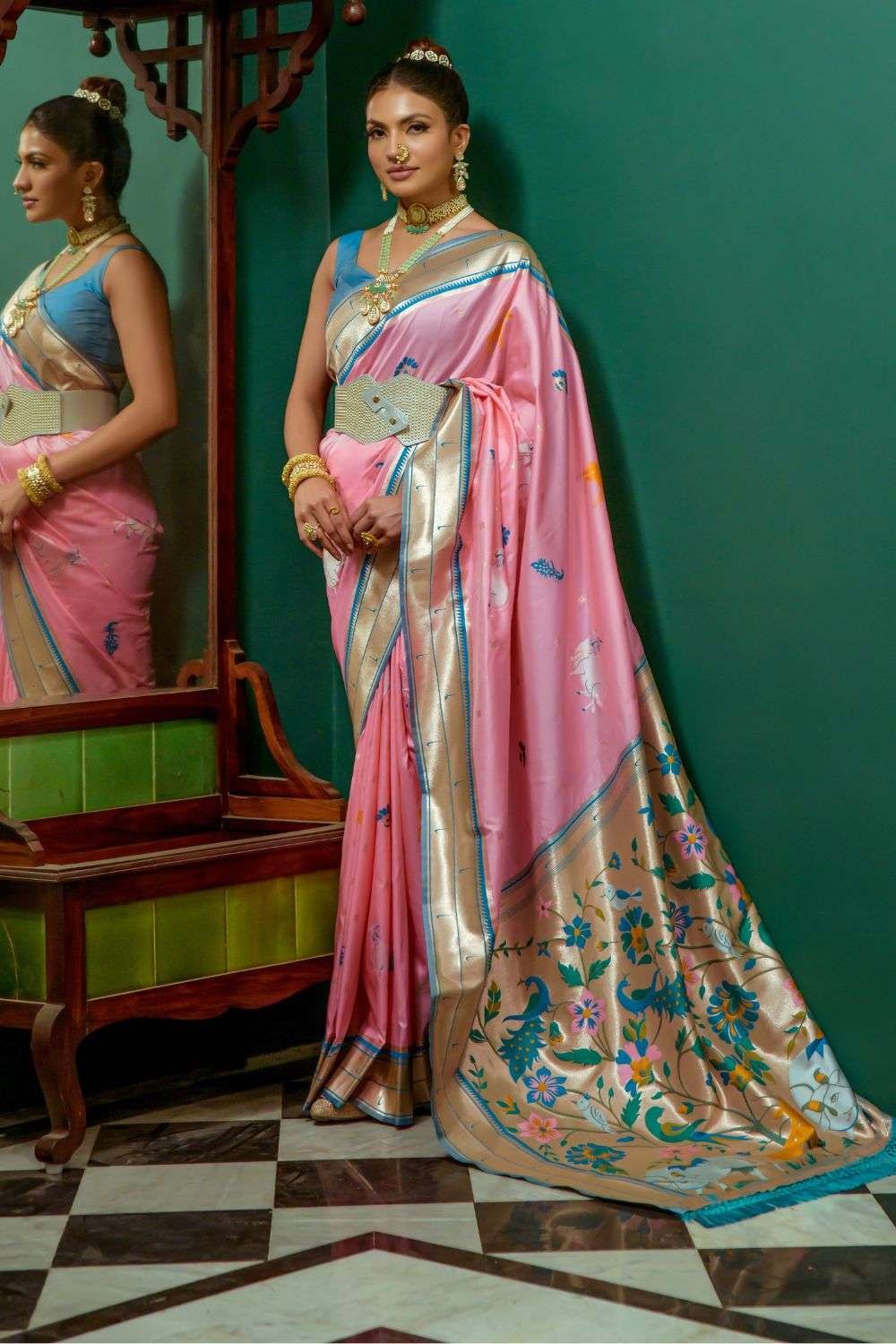 Light Pink Grey Banarasi Silk Designer Wedding Saree