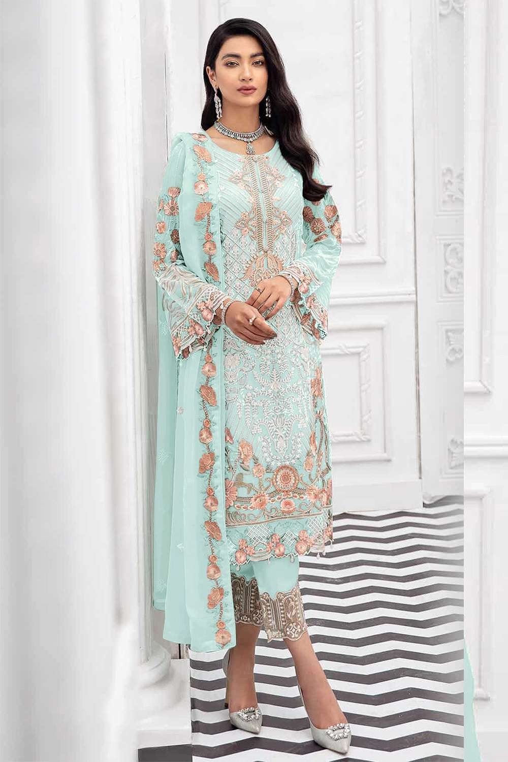 White Color Graceful Straight Pakistani Style Semi-Stitched Salwar Suits