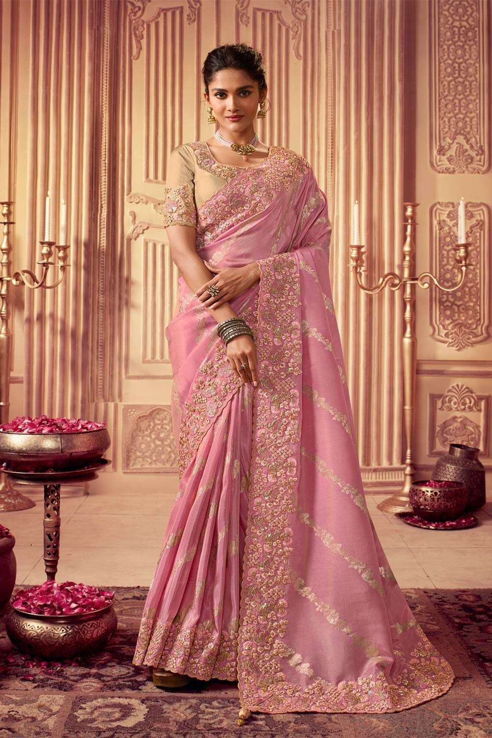 Resham stone Viscose Baby pink Saree with Blouse