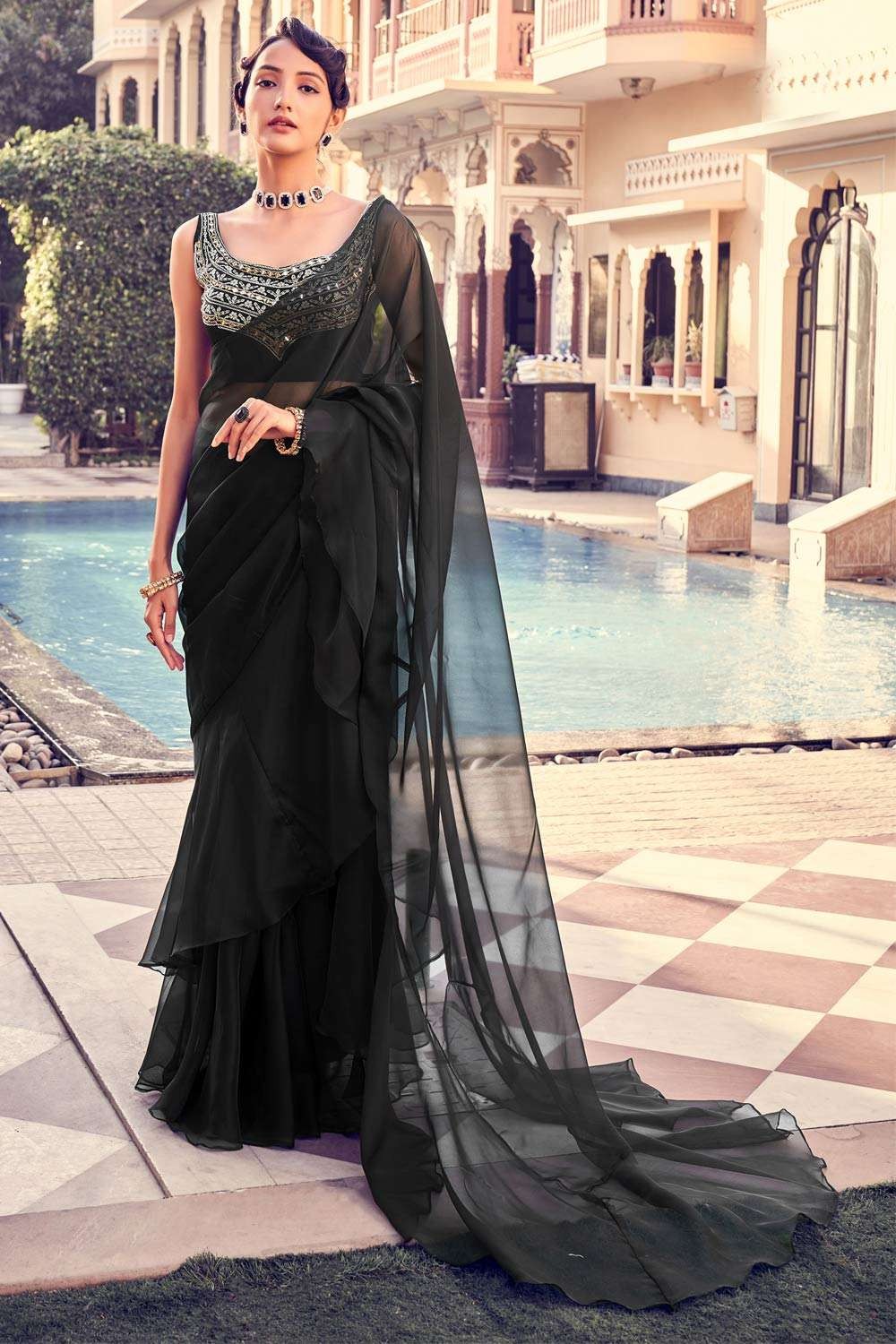 Black Saree With Stitched Blouse And Sequins Work Designer Party
