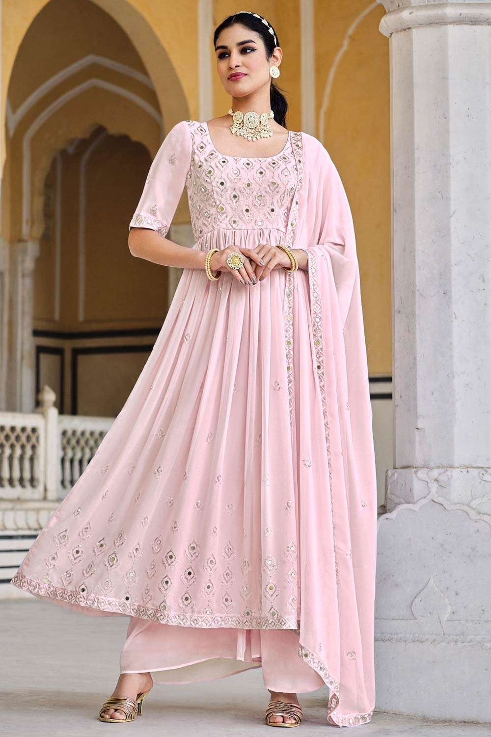 Georgette Thread-Sequins Embroidered Anarkali Style Gown with Matching  Dupatta | Exotic India Art