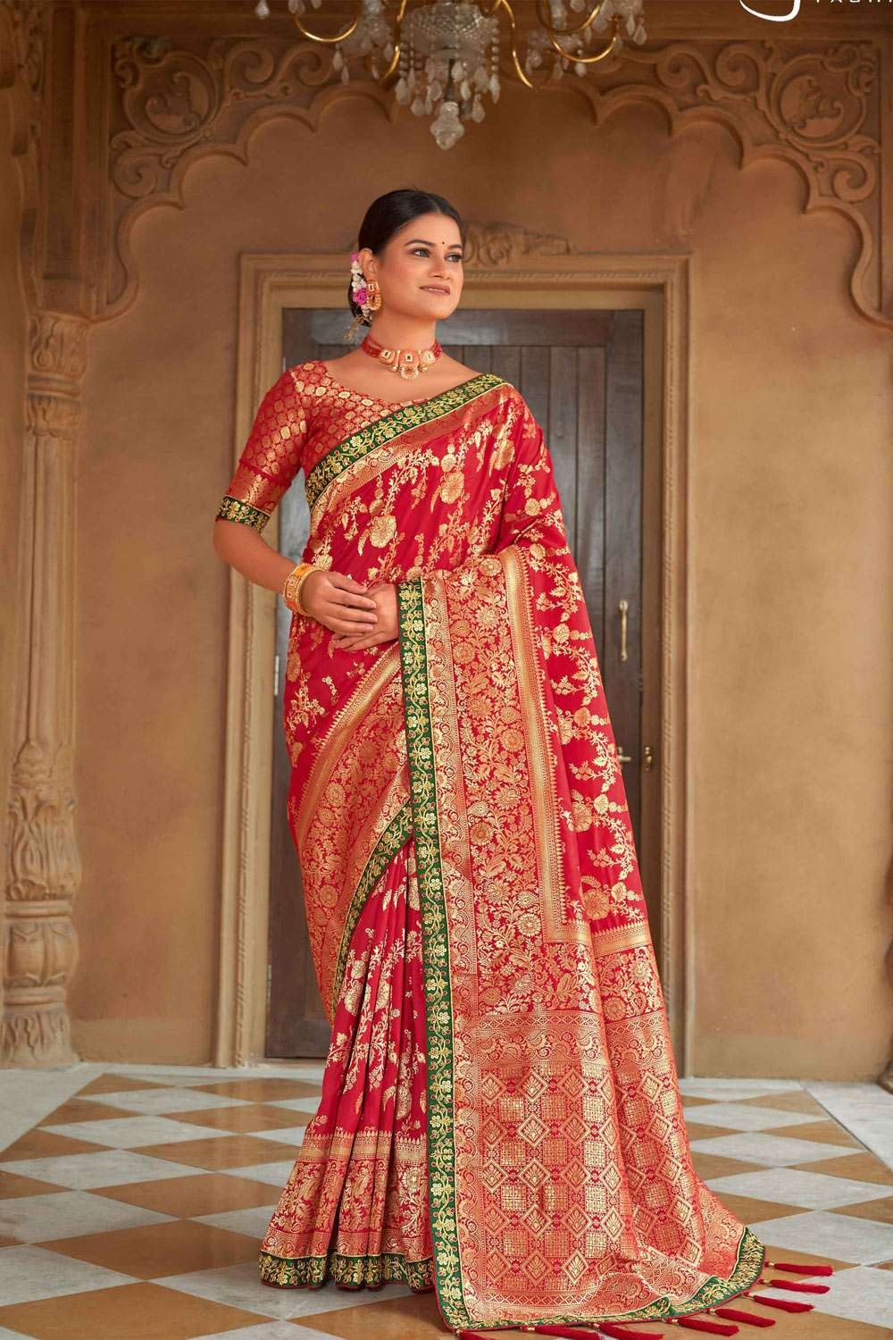 Orange Color Silk Weaved Banarasi Saree With Heavy Embroidered Blouse