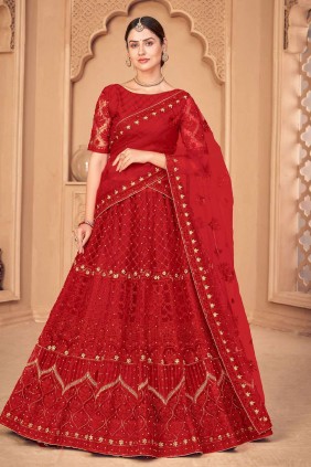 Embroidered Net Red Wedding Saree with Blouse