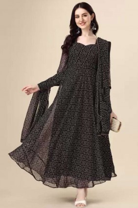 Printed Diwali Georgette Gown Dress in Black - GW0365