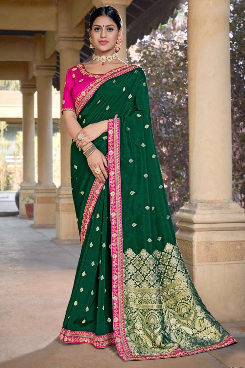 Pure Banarasi Silk Sarees Dark Green Colour, Wedding Wear | YOYO Fashion