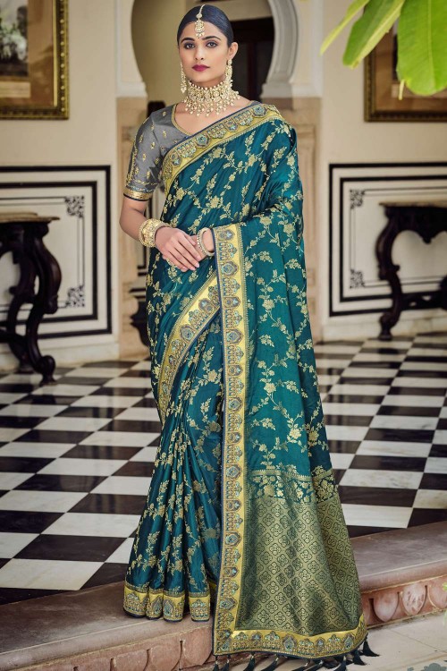 Dha - Pure kanjivaram silk saree cream and teal green with half & half –  Cherrypick