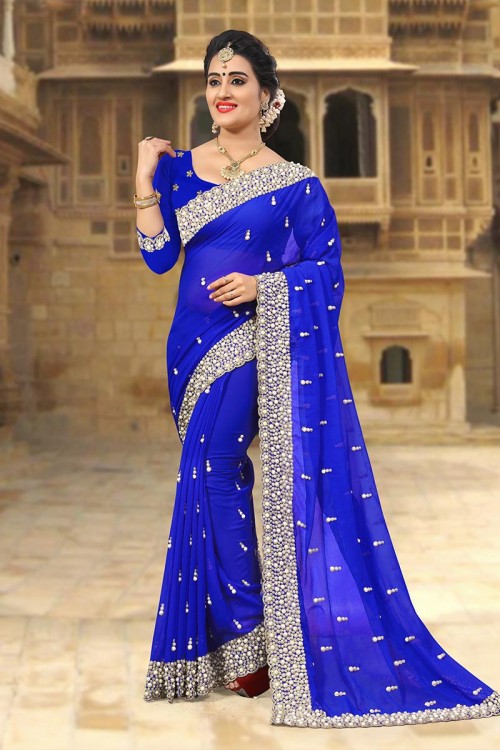 Royal Blue color Georgette saree Online, Designer Georgette Blouse with  Georgette Saree at Shopkund in India