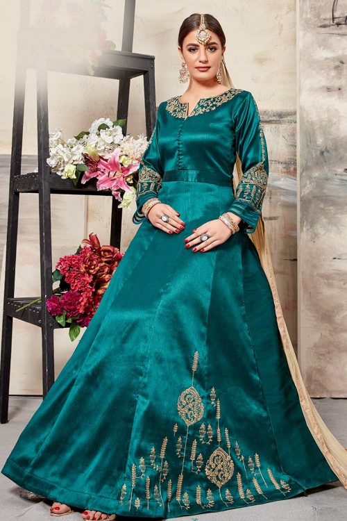 Teal-blue Keyhole Neck Long Sleeves Embroidered Tiered A-Line Ethnic D–  Inddus.in