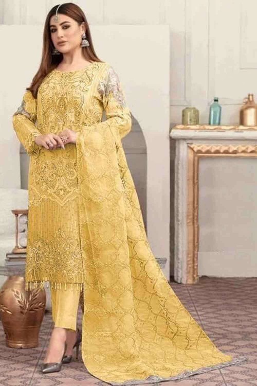 Fancy Georgette With Embroidered Pakistani Suit Yellow Color DN 111