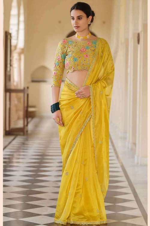 Beautiful faux Georgette with sequence work yellow saree – Laxmisaree.com