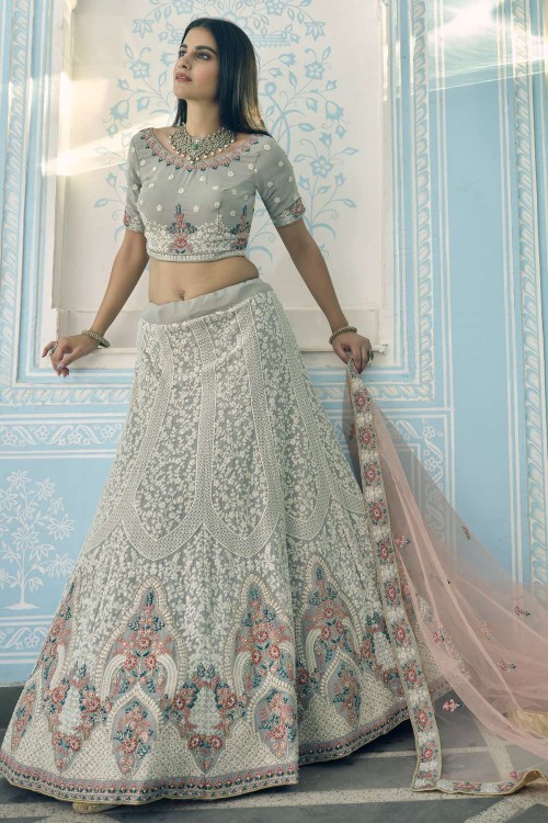 Amazing Grey Soft Net Zari Embroidered Heavy Work Wedding Lehenga Choli  with Dupatta - Tulsi Art - 3843903