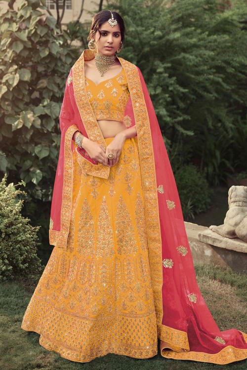 trendy Pink Yellow designer lehenga choli buy now – Joshindia