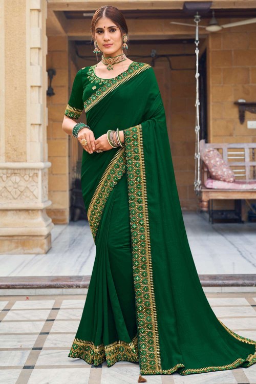 Resham Work Embroidered Bangalori Silk Forest Green Saree