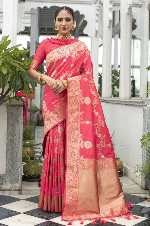 Peach Dupion Silk Banarasi Saree – Wearitage India