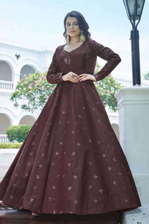 Fancy Round Neck Maroon Color Long Gown – Amrutamfab