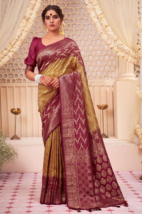 A glam Mehndi Organza Silk Saree With Super Blouse Piece - C