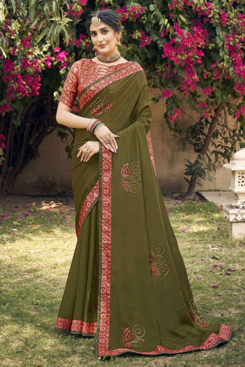 Chinon chiffon Saree in mehndi with Digital print - SR23625