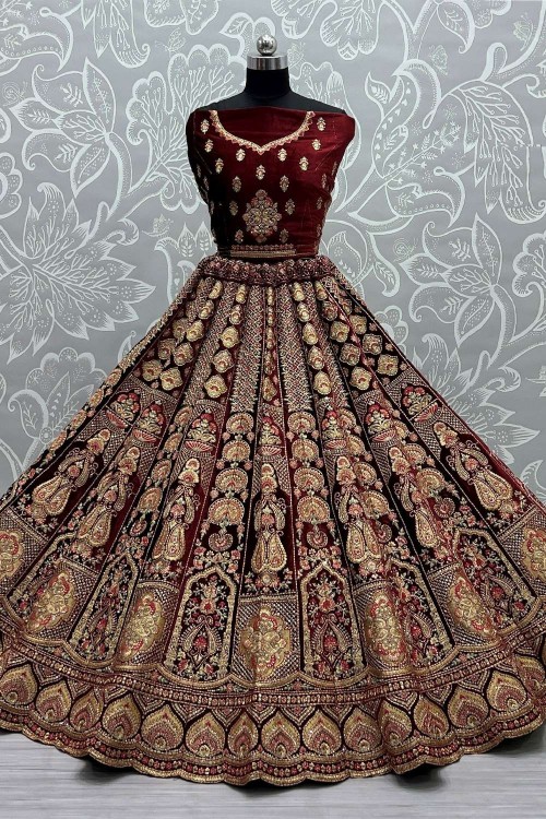 Heavy Embroidery Worked Maroon Velvet Base Designer Bridal Lehenga Choli –  Kaleendi
