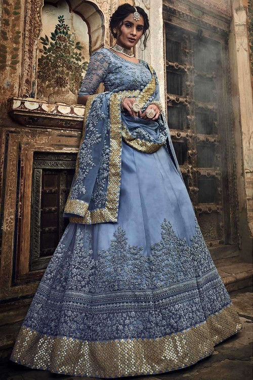 Grey and Blue Embroidered Lehenga for Mehendi 2168 – Mohi fashion