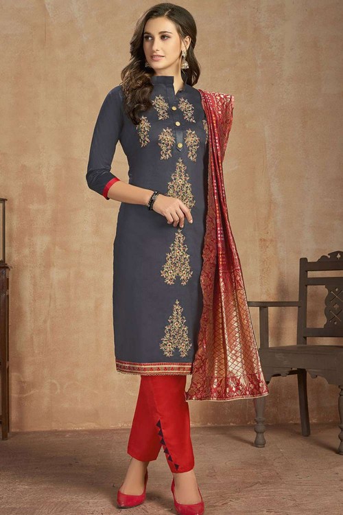 Blue Silver Pant suit with Kurta Top and Dupatta with border, Pure Sil –  CNP Associates LLC