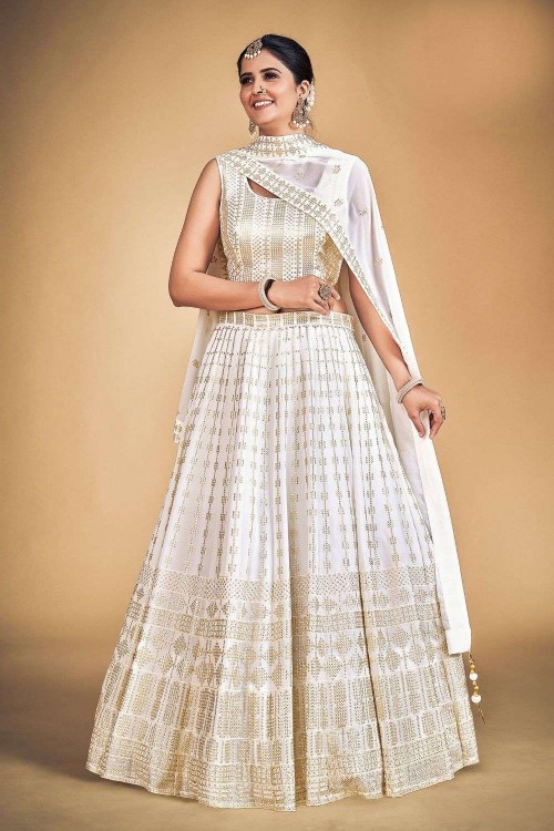 White Wedding Wear Moti And Ruffles Worked Lehenga Choli With Dupatta –  Cygnus Fashion