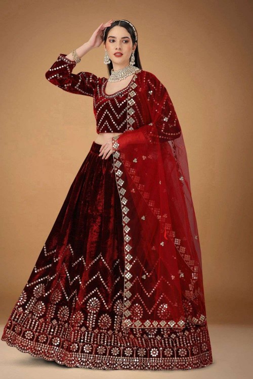 Embroidered Rani Velvet Lehenga For Weddings | Latest Kurti Designs