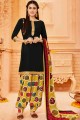 Printed Cotton Patiala Suit in Black with Dupatta