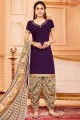 Printed Cotton Patiala Suit in Violet with Dupatta