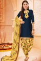 Navy blue Printed Patiala Suit in Cotton