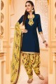 Navy blue Printed Patiala Suit in Cotton